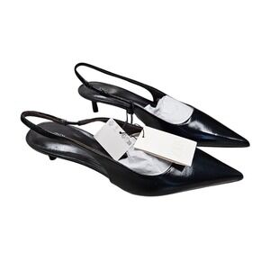 Zara Slingback Heels Womens 7.5 Black Leather Pointed Toe Kitten Heel Minimalist